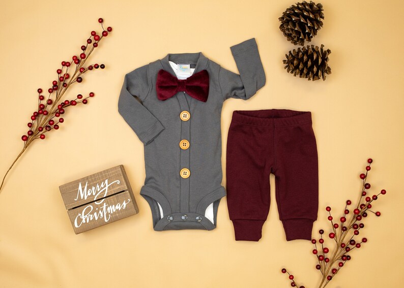 Baby Boy Christmas Outfit. Dark Gray & Burgundy Vintage Etsy