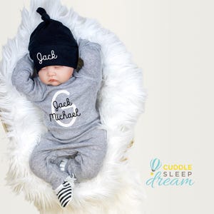 Newborn Boy Coming Home Outfit. Black Gray. Baby Boy Romper. First Middle Name, Take home outfit, Going Home Personalized, Newborn