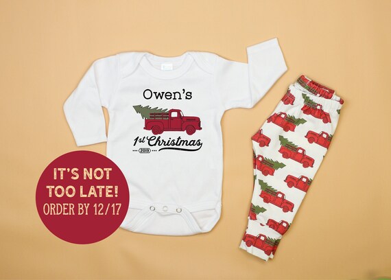 Baby Boy 1st Christmas Truck Personalized Outfit. Truck and Name Shirt. Farm Truck Newborn Infant Boy. 3m 6m 12m 18m Il_570xn