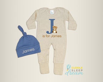 Personalized Baby Boy Coming Home Outfit, Teddy Bear Name, Oatmeal Romper with Denim Blue Hat, Take home, Going Home, Newborn,