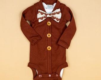 Baby Boy  Valentines Day Outfit. Rust Hearts Valentine outfit.  Rust  cardigan. Newborn Boy.  Bow tie.
