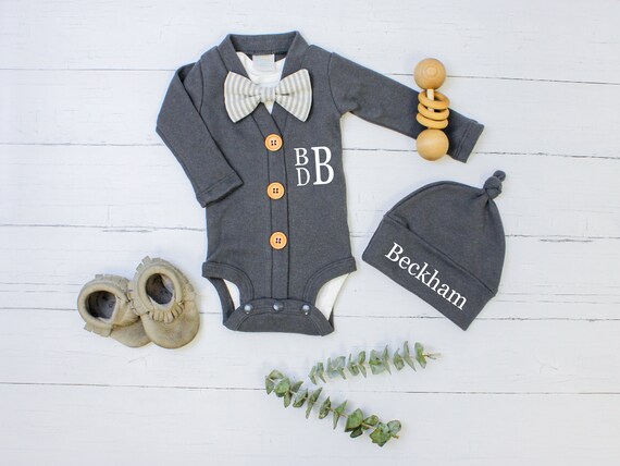 Dark Gray Monogrammed Baby Boy Clothes. Newborn Boy Going Home Outfit. Coming Home Outfit. Grey. Name Hat. Personalized. Cardigan. Preppy. Il_570xn