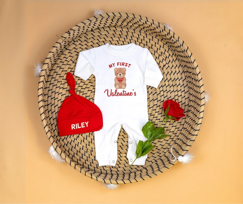 Baby 1st Valentine Romper. Teddy Bear. My 1st Valentine's Day Outfit with Hat. Personalized Newborn White Long Sleeve Romper. Boy or Girl image 1