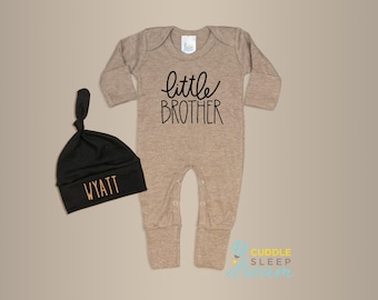 Little Brother Coming Home Outfit, Tan and Black, Truffle Brown Romper, Take home, Going Home Personalized, Baby Boy, Newborn Boy