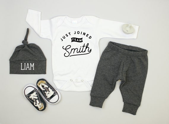 Baby Boy Coming Home Outfit, Just Joined Team Baby Outfit, Custom Name, Personalized First and Last Name, Newborn Boy, New to the Crew Il_570xn