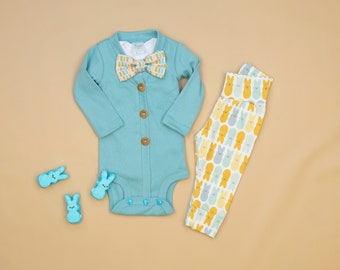 Baby Boy First Easter Outfit. Robin's Egg Cardigan with Handmade Marshmallow Bunny Leggings. My 1st Easter Outfit. Baby Bow tie. Newborn boy