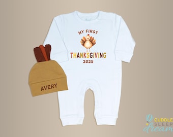 Personalized Baby's First Thanksgiving Romper. My 1st Thanksgiving Outfit. Personalized Turkey Hat, Newborn. Baby Boy or Baby Girl
