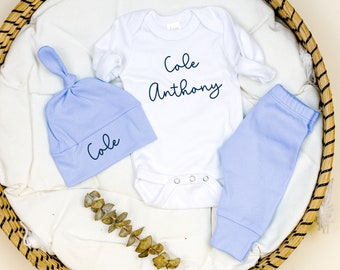 Baby Boy Coming Home Outfit. First Middle Name. Spring Summer. Newborn. Blue Custom Personalized Knot Hat. Take Home Outfit Spring Summer