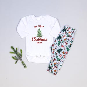 Baby&#39;s First Christmas Outfit 2025. Baby Christmas Leggings.  My 1st Christmas Bodysuit with Tree. Year 2025. Newborn Boy or Baby Girl.