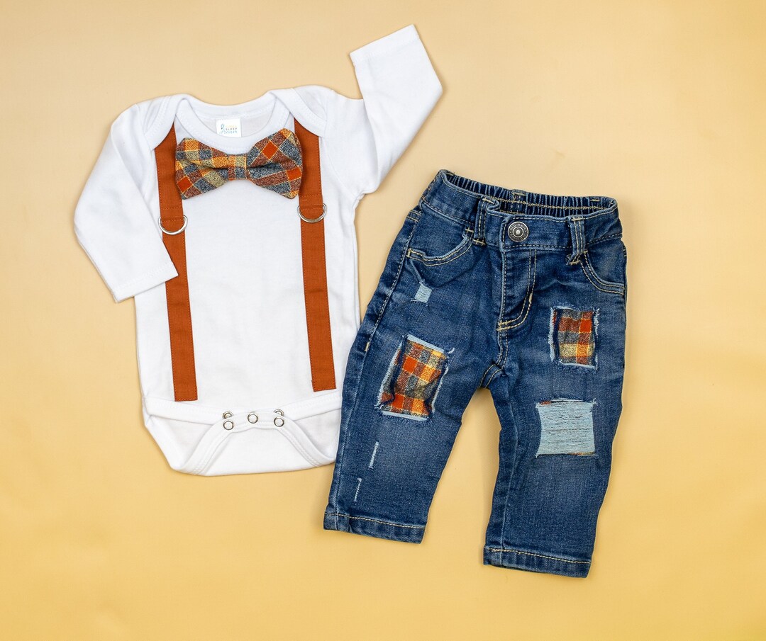 Toddler Boy Fall Clothes. Bow Tie and Suspenders. Plaid. Orange