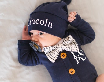 Monogrammed Navy Baby Boy Outfit with Bow Tie, Personalized Hat