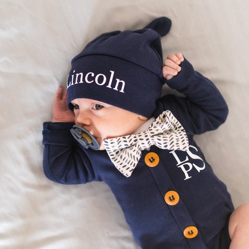 Personalized Newborn Boy Bowtie Outfit With Matching Hat and Etsy