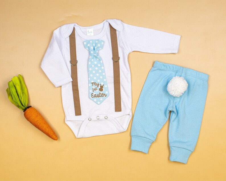 Baby Boy 1st Easter Outfit. Tie Suspender Outfit. First Easter Shirt for Boys. Sky Blue and Brown. Polka Dot Tie. Easter Tie. image 1