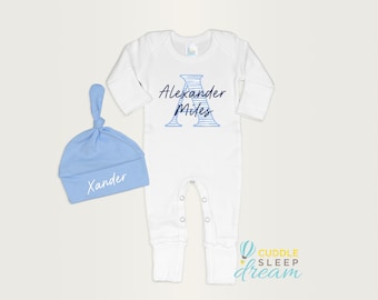 Newborn Boy Coming Home Outfit, White Romper with Cloud Blue Hat, First & Middle Name Monogram,  Baby Boy Going Home Outfit Personalized