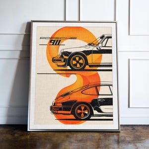 May include: A vintage-style poster featuring a black and white illustration of a Porsche 911 car with an orange and yellow background. The text "PORSCHE 911" is printed in black at the top of the poster.