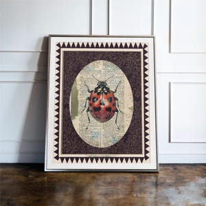 Könnte beinhalten: Ein gerahmter Druck einer rot-schwarzen Marienkäfer auf einem Hintergrund aus einer alten Buchseite. Der Marienkäfer ist von einem dekorativen Rahmen mit dunkelviolettem Hintergrund umgeben.
