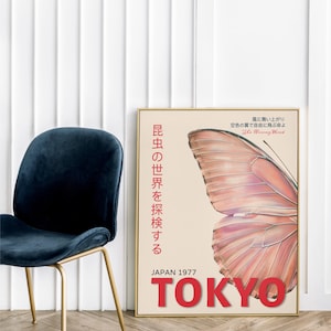 May include: A vintage poster with a beige background featuring a large pink butterfly wing with the text "昆虫の世界を探検する" (Insect World Exploration) in red Japanese characters. The poster also includes the text "The Rising Wind" and "JAPAN 1977 TOKYO" in red.