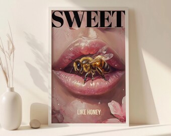Glossy Lips & Bee Poster – Vogue-Inspired Editorial Print (Digital Download)