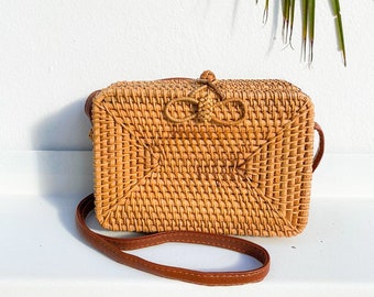 NEW Leather Straw bag,Rattan Clutch, Crossbody Purse, Woven purse, Summer Straw Bag, Basket Purse,Wicker Bag,Hard Bag,Gift