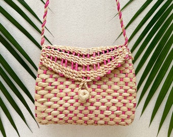 Mini Roze Stro Crossbody Tas- Zomer Strandtas- Stro Koppeling- Handgeweven Vrouwen Stro Strandtas Portemonnee