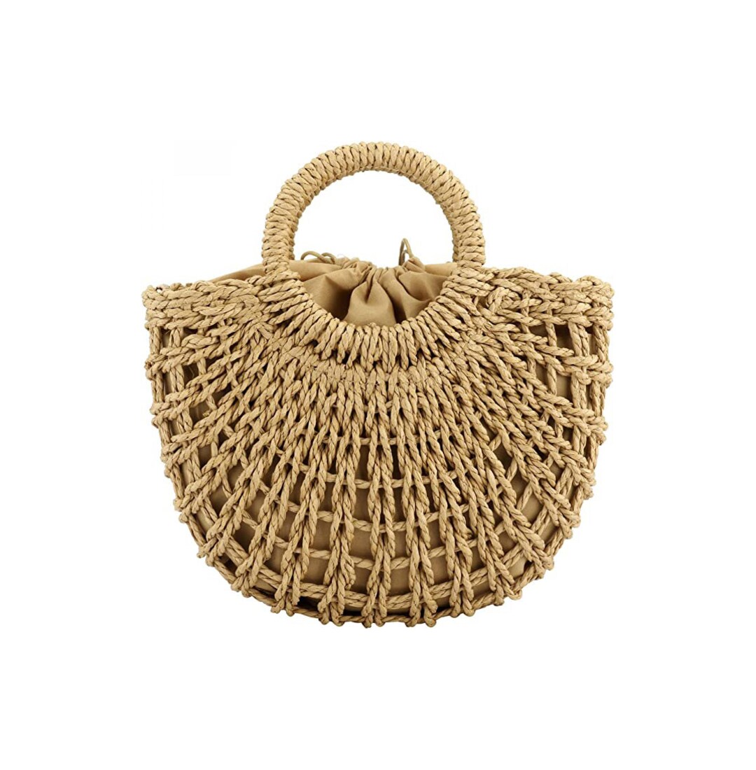 Mini Straw Woven Top Handle Bag Half Moon Summer Retro Rattan Straw