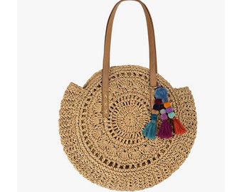 Large Round Bohemian Shoulder Hand Bag with Tassels | Bali Bag| Round Rattan Bag | Wicker Bag | Round Straw Purse | Circle Bag