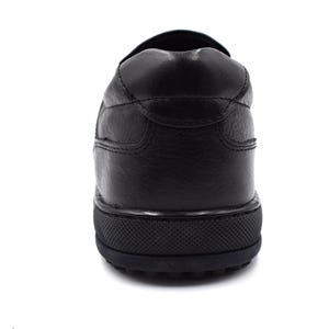 May include: Black leather slip-on shoes with a textured sole.