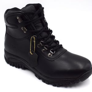 May include: Black leather hiking boots with a lace-up closure and a rugged outsole.
