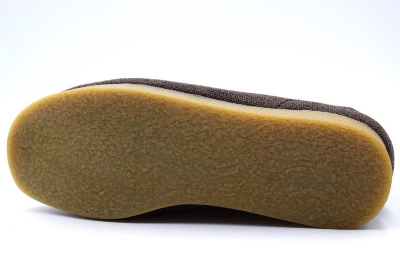 May include: Close-up of the bottom of a brown canvas shoe with a brown rubber sole.
