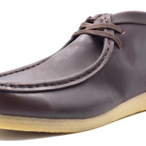 May include: Brown leather ankle boots with a lace-up closure and a cream-colored sole.