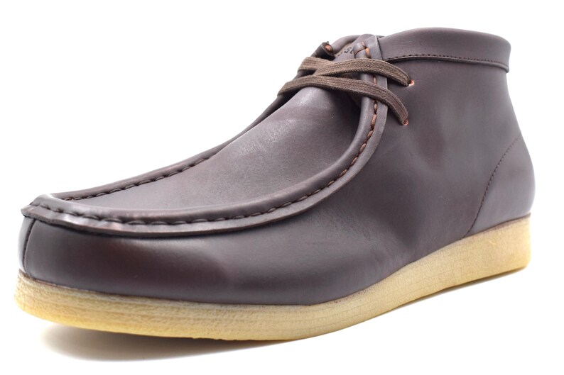 May include: Brown leather ankle boots with a lace-up closure and a cream-colored sole.