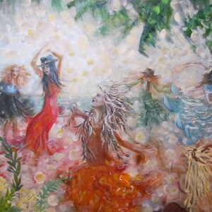 May include: An impressionistic painting depicts several figures dancing in a whimsical outdoor setting. The figures are dressed in flowing gowns of red, orange, and blue. The background features a mix of green foliage and soft, white light.