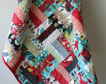 Modern Baby Quilt, Modern Baby Bedding, Birds, Red, Striped Baby Quilt, Nursery Bedding, Blue, Black, Crib Quilt, Handmade Quilt