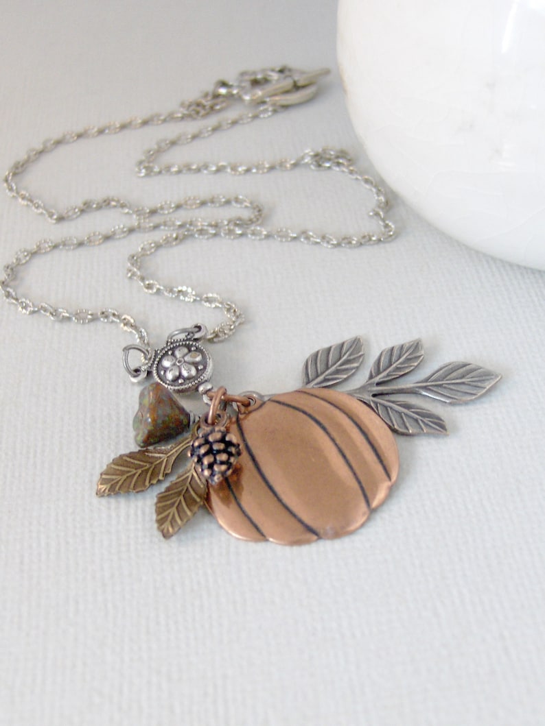 valleygirldesigns. Falls Whisper,Pumpkin Necklace,Rose Gold,Pinecone Necklace,Leaf,Flower,Fall Necklace,Copper Necklace,Harvest,Autumn