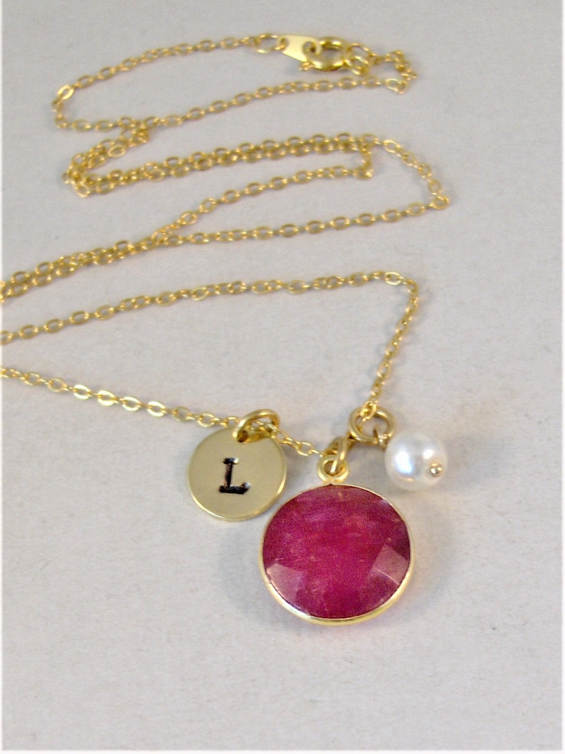 July Birthstone Necklace,Gold Ruby,Genuine Ruby,Healing Gemstone,Initial Necklace,Ruby Necklace,Ruby Necklace,Monogram Necklace,Pearl Neck