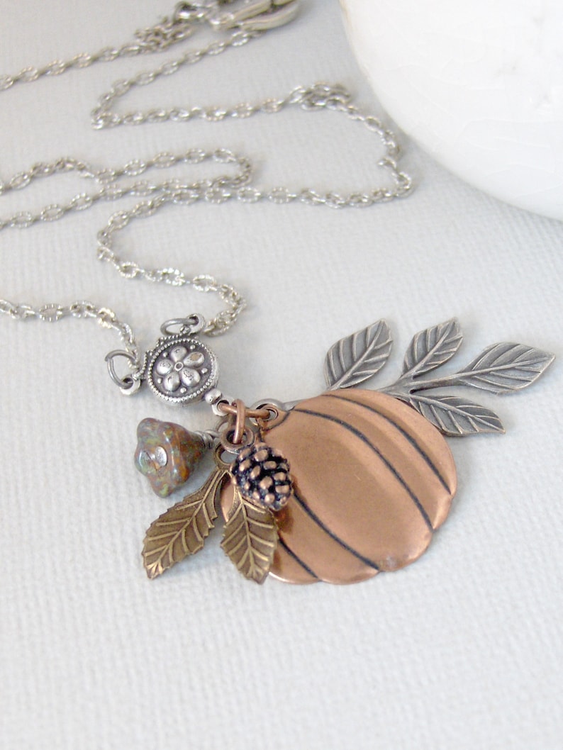 valleygirldesigns. Falls Whisper,Pumpkin Necklace,Rose Gold,Pinecone Necklace,Leaf,Flower,Fall Necklace,Copper Necklace,Harvest,Autumn