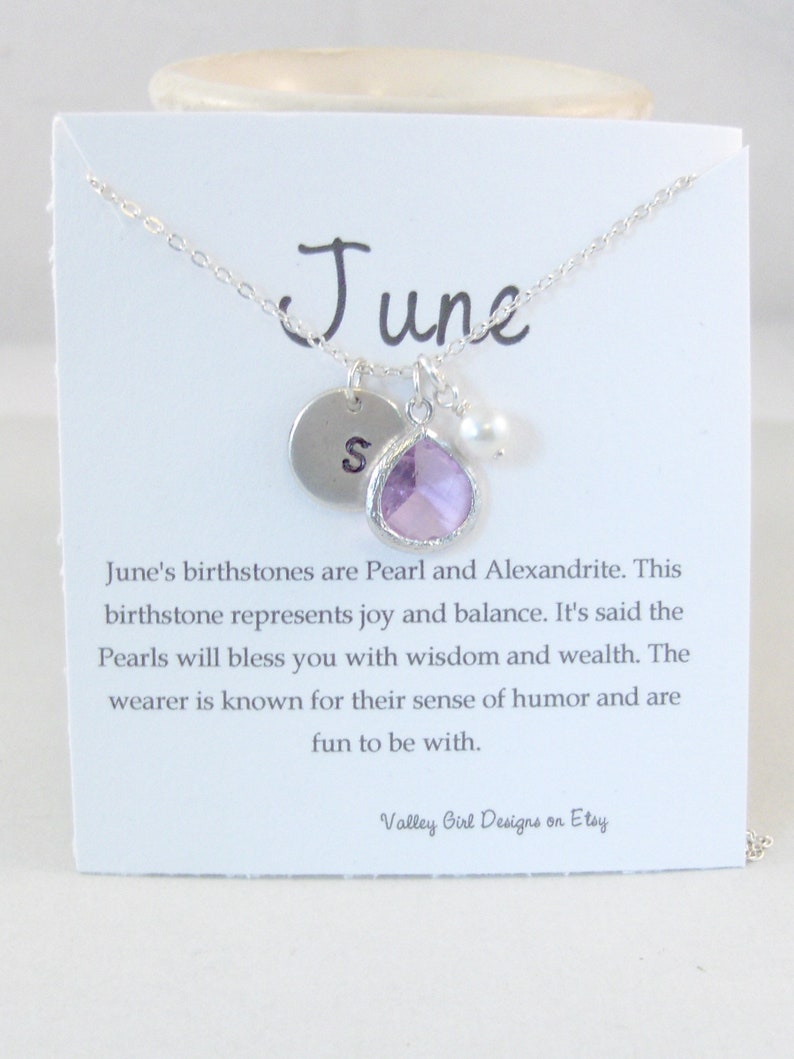 June Necklace,June Jewelry,Alexandrite Necklace,Pearl,Pearl Necklace,Lavender,Initial Necklace,Lavender Necklace,Personalized,Monogram Neckl