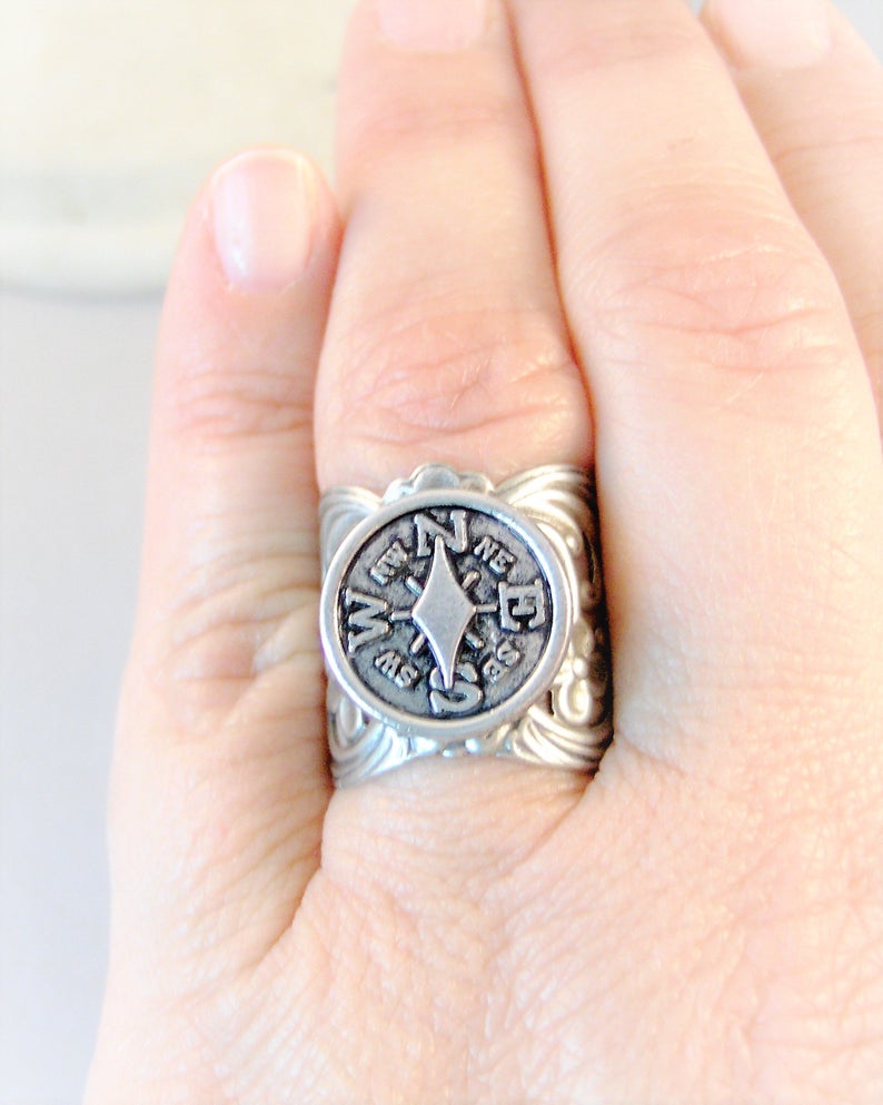 Compass Ring,Ring,Compass Jewelry,Compass,Wanderer,Wander Jewelry,Spoon Ring,Antique Ring,Silver Ring,Wrapped,Adjustable valleygirldesigns