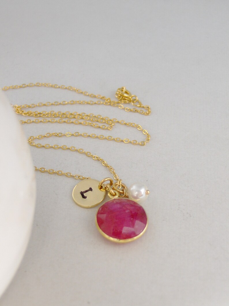 July Birthstone Necklace,Gold Ruby,Genuine Ruby,Healing Gemstone,Initial Necklace,Ruby Necklace,Ruby Necklace,Monogram Necklace,Pearl Neck