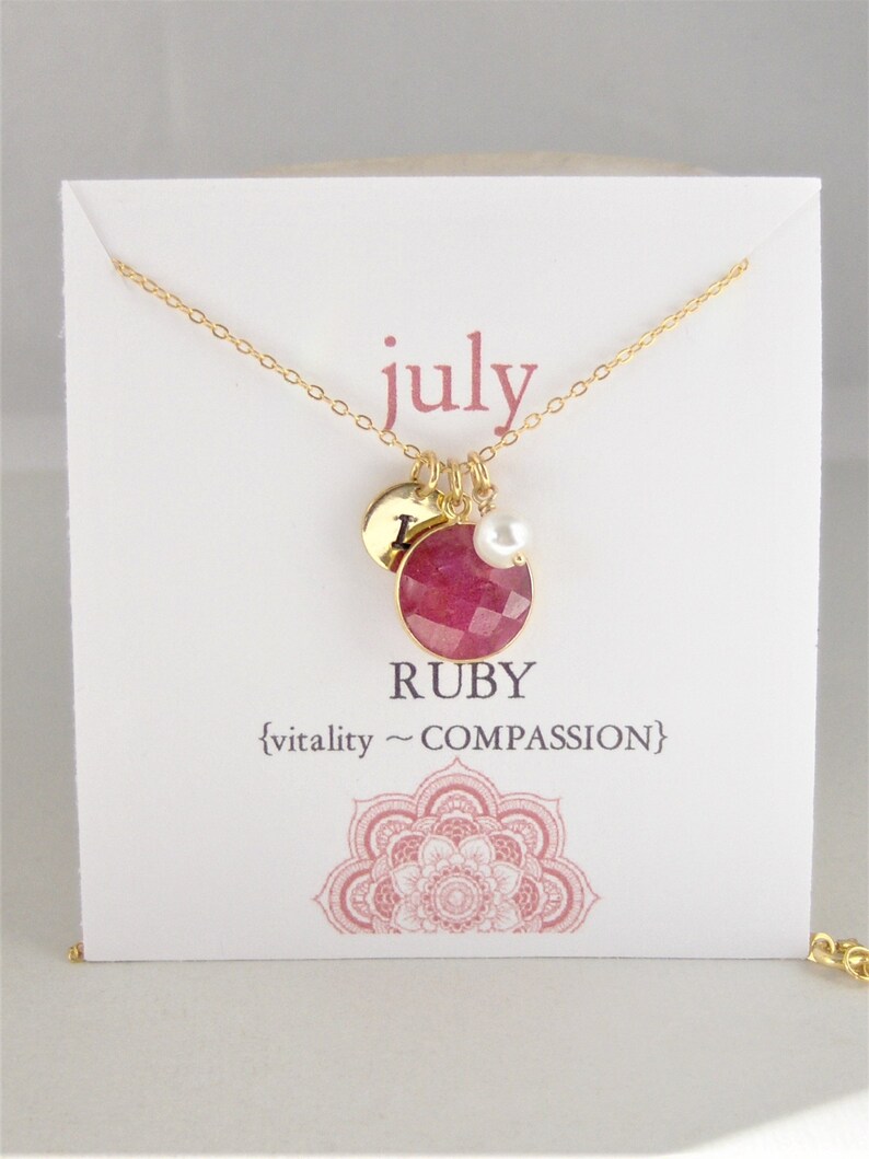 July Birthstone Necklace,Gold Ruby,Genuine Ruby,Healing Gemstone,Initial Necklace,Ruby Necklace,Ruby Necklace,Monogram Necklace,Pearl Neck