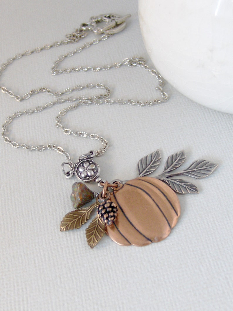 valleygirldesigns. Falls Whisper,Pumpkin Necklace,Rose Gold,Pinecone Necklace,Leaf,Flower,Fall Necklace,Copper Necklace,Harvest,Autumn
