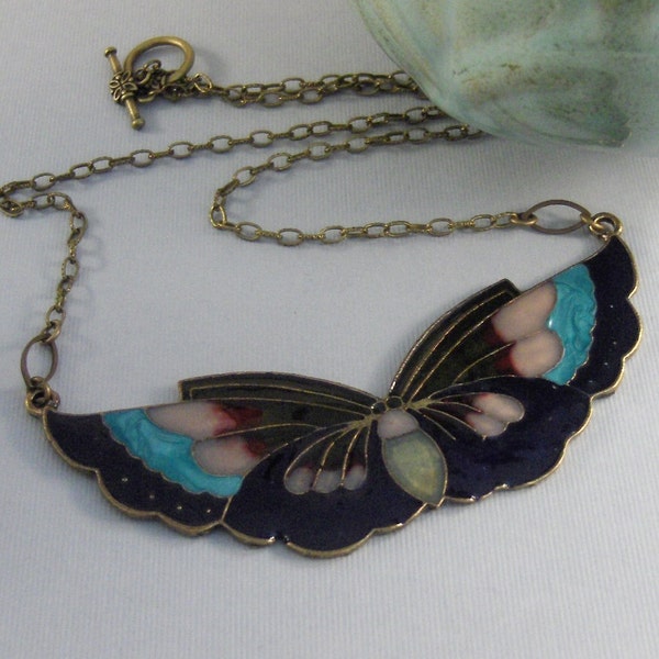 Midnight Butterfly,Gold Necklace,Butterfly Necklace,Brass Blue Butterfly,Layered Necklace,Mariposa,Brass Butterfly valleygirldesigns.