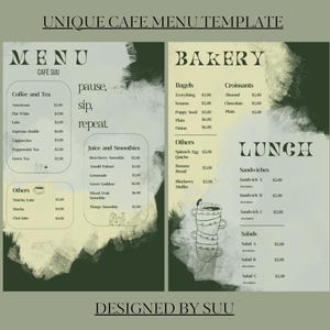 Plantilla de menú editable elegante y estética para cafetería, restaurante, canva, verde salvia, moderno, elegante, lista de precios, gráficos, diseño verde salvia, matcha