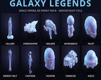 Sci-Fi 3D Print Pack - Galaxy Legends STL Bundle, 10 Models, Starfighter, Walker Mech, Helmets, Instant Download