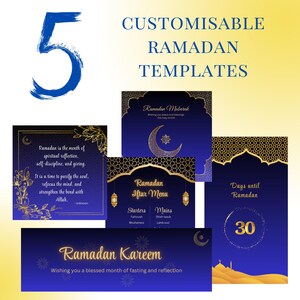 Puede incluir: Cinco plantillas de Ramadán personalizables con diseños azules y dorados. Las plantillas presentan una luna creciente, linternas y texto árabe. Una plantilla dice "Ramadán Mubarak", otra dice "Menú de Iftar de Ramadán", otra dice "Ramadán Kareem" y otra dice "Días hasta Ramadán 30".
