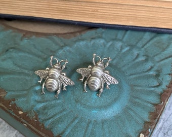 Antique Silver Tone Bee Stud Earrings Insect mother gift nature bugs honeybee
