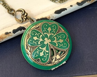 Vintage Style Shamrock Locket Necklace: Irish Four Leaf Clover