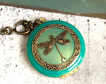 Green Dragonfly Locket Necklace, antique style/Anniversary/Bridesmaid gift/Wedding/Birthday/Sister/Mom/Personalized/Custom Photo Locket.