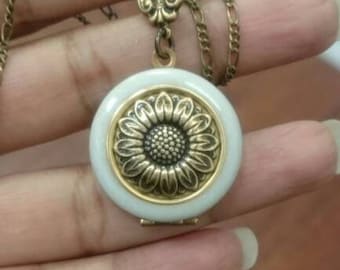 Tiny Sunflower Locket/antique style/something blue/Anniversary/Bridesmaid gift/Wedding/Birthday/Sister/Mom/Daughter/Photo Picture/friend.