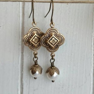 Vintage style Dangle earrings antique brass attached with crystal pearl. image 2